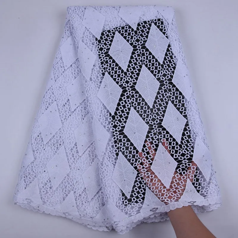 

Pure White African Water Soluble Lace Fabric Latest Swiss Voile Lace In Switzerland With Stones For Men Women Dress Party S1708