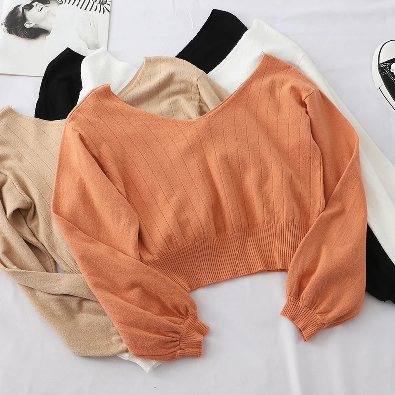 

Heliar 2019 Autumn Woman Knitting Bottom Shirt Early Autumn V-neck Long Sleeve Knitted Sweater With Pit Strips And Waist Recesse