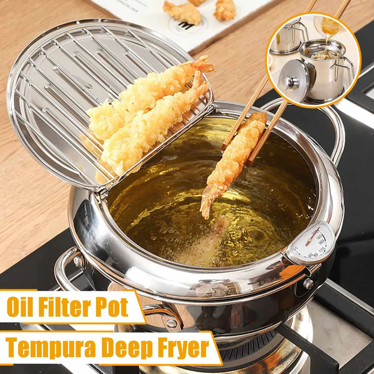 Кастрюля глубокая японская Tempura 304 20/24 см с термометром и крышкой нержавеющая