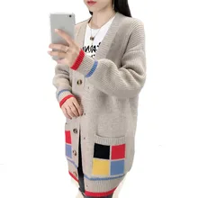 Корейские демисезонные модные вязаные кардиганы, повседневный вязаный свитер в стиле пэчворк, женское длинное пальто, женская одежда, джемпер, топы