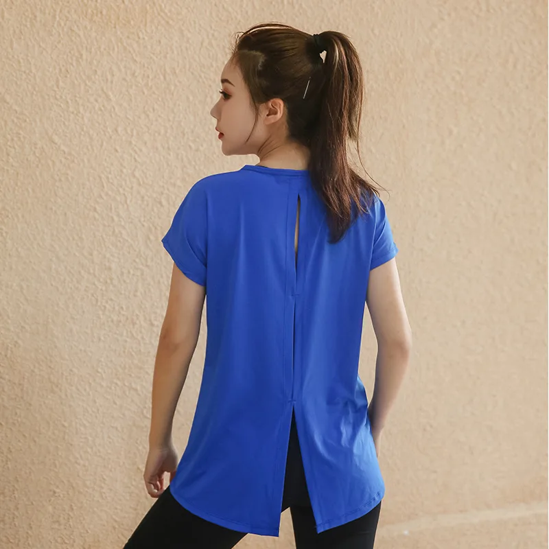 L-XXXXL размера плюс, Спортивная футболка, короткий рукав, открытая спина, футболка для фитнеса, быстросохнущая, для бега, спортзала, топы, рубашка для йоги, женская спортивная одежда - Цвет: Синий