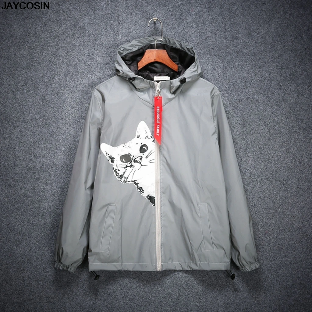 new Men's 3M Reflective Jacket Cat Hip Hop Funny Pocket hooded waterproof Men women streetwear Windbreaker Jackets Homme Coats