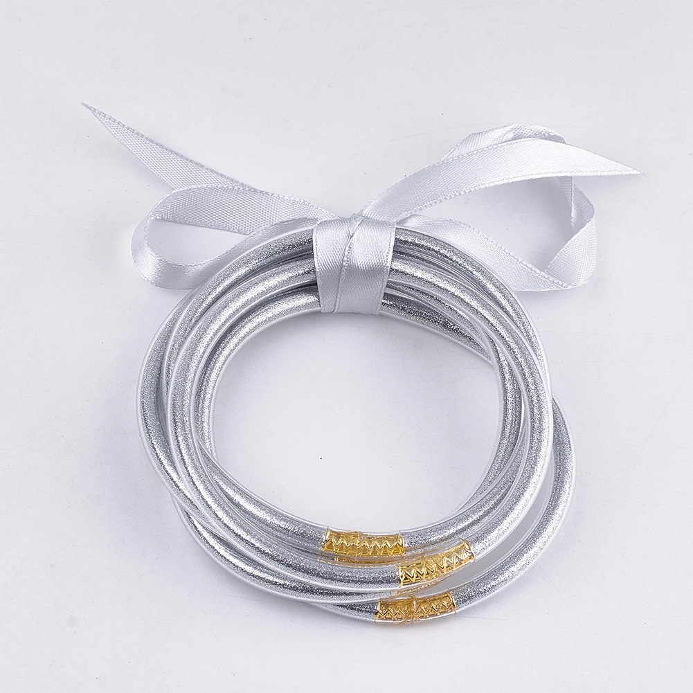 5sets/lot Polyester Ribbon Bow-knot Glitter Bangles Colorful Plastic Bracelet Bangle Sets For Women Girls Trendy Jewelry Gift