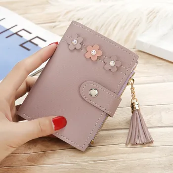 

Women's short coin purse leather tassel stereo flower decoration coin purse solid color 2020 New card holder clutch bag