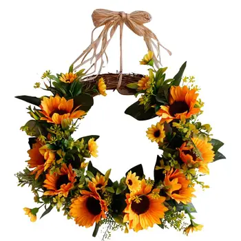

Artificial Sunflower Wreath Realistic Handmade Elegant Fall Garland Durable Green Leaves For Wall Door Window Decor Festive Gift
