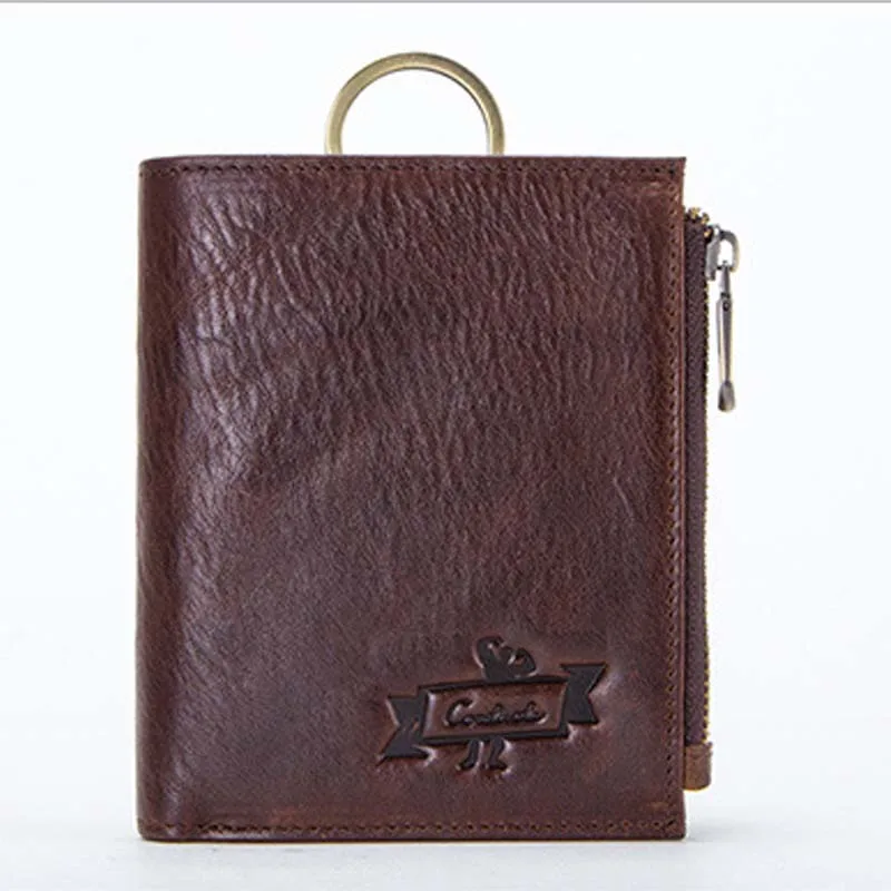 

Genuine Leather Men's Short Wallet Blocking Coin Purse ID Credit Card Holder with Anti-Theft Chain in different colors