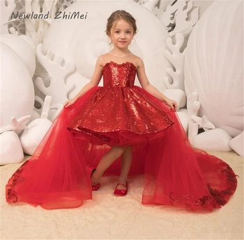 

Hot Sequins Red Princess Girls Pageant Dresses Lovely Sheer Neck Appliques Bow Ball Gown Detachable Train High Low Dress