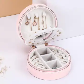 

Multi-function Earrings Box Travel Portable Round Necklace Bracelet Storage Case Organizer PU Leather Jewelry Display Boxes