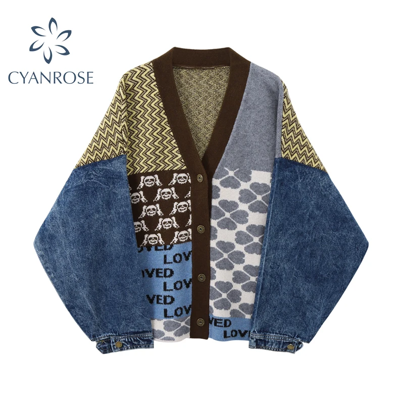 Vintage Knitted Cardigan Sweater Women Patchwork Denim Coat V Neck Long Sleeve Knitwear Casual Loose Outwear Female Tops