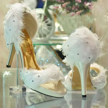 

Elegant Fashion Ladies White Satin Feather Wedding Bridesmaid Party Prom Dress Heels Shoes evening party dress shoes