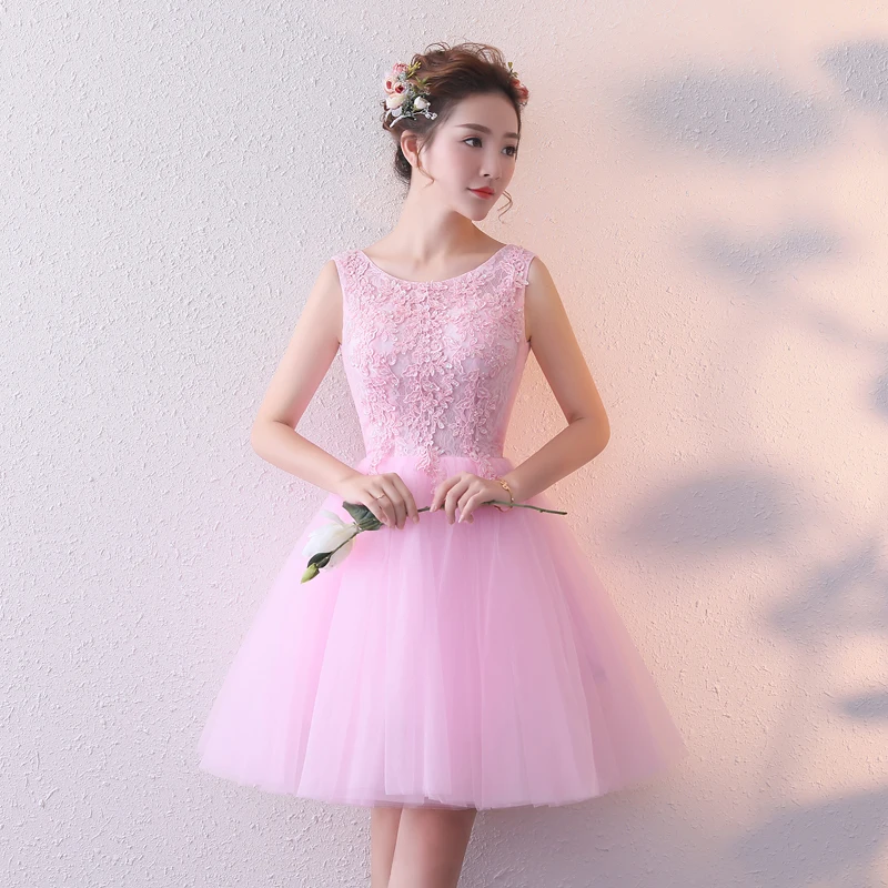 Настоящая фотография Розовые коктейльные платья кружевная Апликация vestido de festa волнистый вырез Тюль Короткие свадебные платья индивидуальный заказ