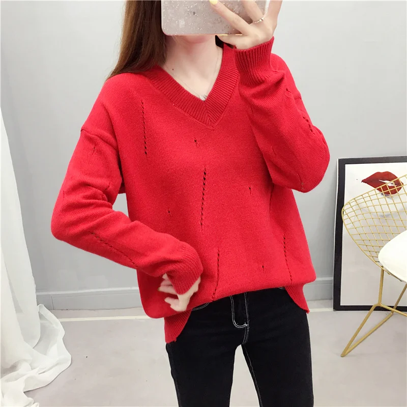 

Autumn Winter chic Loose Long Sleeve Pullovers Sweaters Women Korea Red Hollow Knitted Sweater Female Bottoming Soft Jumper