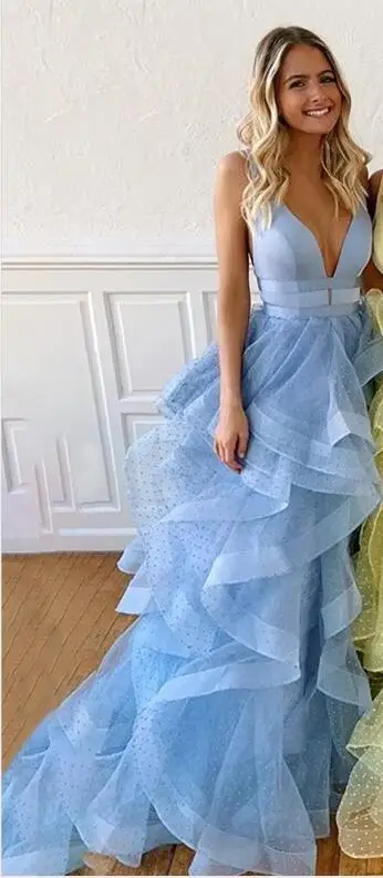 Синий Vestido de fiesta, платья для выпускного вечера на заказ, новинка, глубокий v-образный вырез, юбка с оборками, тюль, 16, милые вечерние платья для девочек - Цвет: Синий