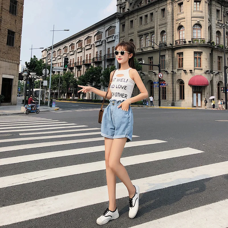Customizable [dowisi] Denim Shorts Korean-style High-waisted Loose-Fit Versatile Crimping Loose Pants F5106