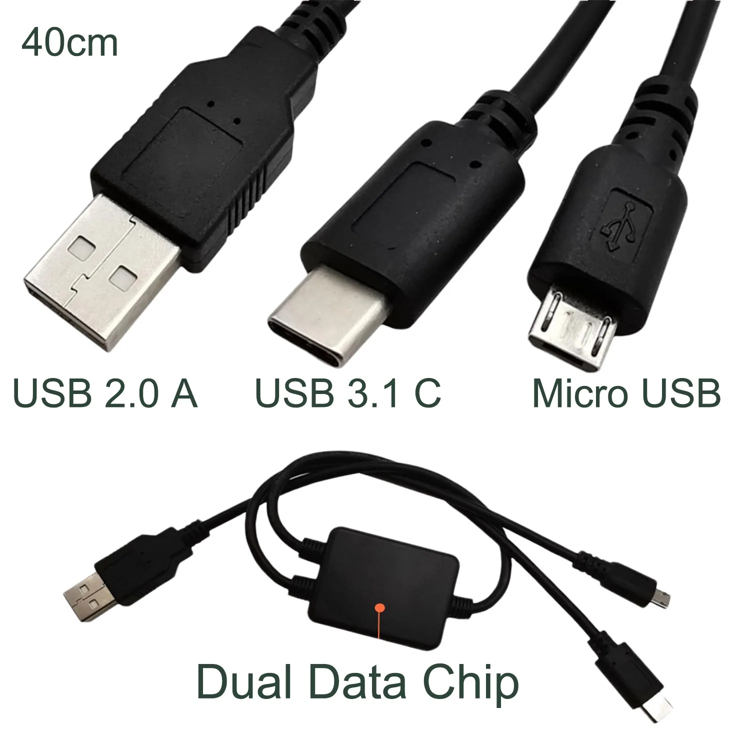 

1pc Multifunction Micro 5 pin Male & USB C 3.1 Male 2 in 1 To USB 2.0 A Male Data Charging Charger Y Splitter Cable Cord