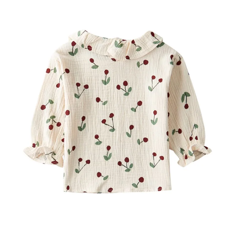Новая Осенняя футболка для маленьких девочек, хлопковая Футболка с рисунком вишни, топы, блузка, Детские повседневные рубашки с длинными рукавами