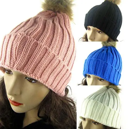 Womens Winter Warm Braided Crochet Wool Knit Hat Girl Beret Ski Beanie Ball Cap 