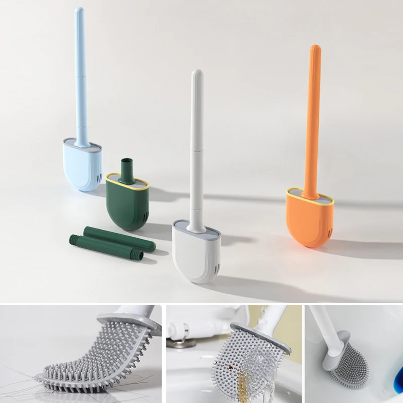 Mini Toilet Brush With Holder Set Long Handled Black Silicone Toilet