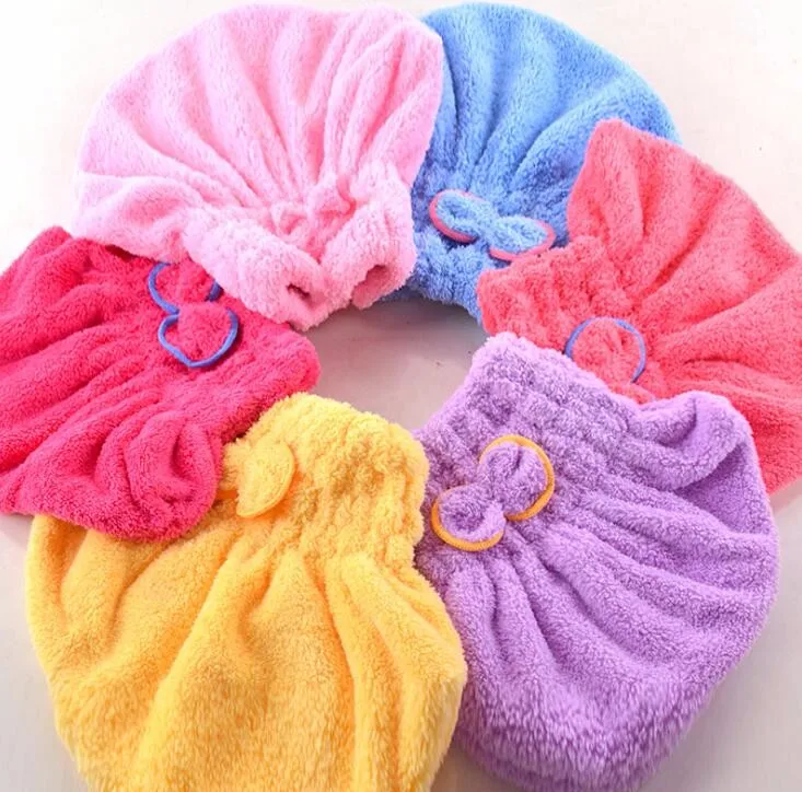 1pc multi colors Coral fleece women girl bath and shower dry hair care protect protection cap with Bow Free shipping