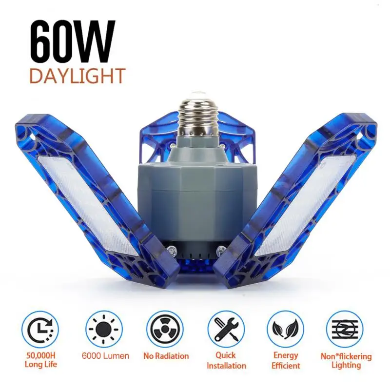 60W 40W LED Garage Light Super Glare Ceiling Light For Home Warehouse Workshop AC85-265V Folding Three-Leaf Deformation Lamp