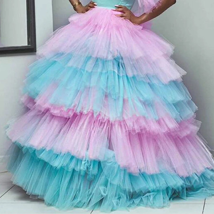 Fashion Colorful Mix Color Puffy Tulle Skirts For Bridal Lush Tiered Ruffles Tutu Long Ball Gowns Skirt Women Elastic | Женская одежда