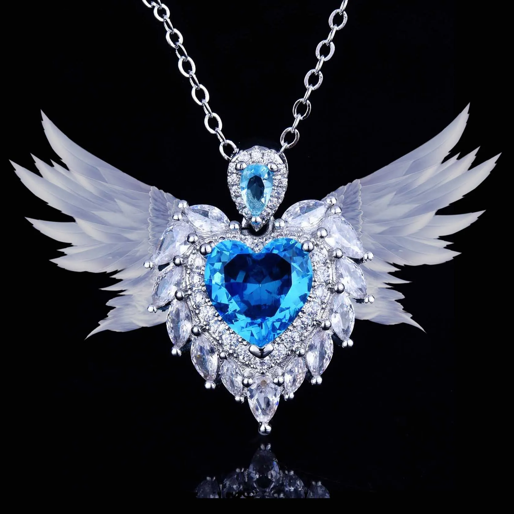 BLACK ANGEL 2021 New Design Angel Wing Pendant Aquamarine Wings Necklace Pink Gemstone Love Heart Fine Jewelry Girlfriend Gifts | Украшения