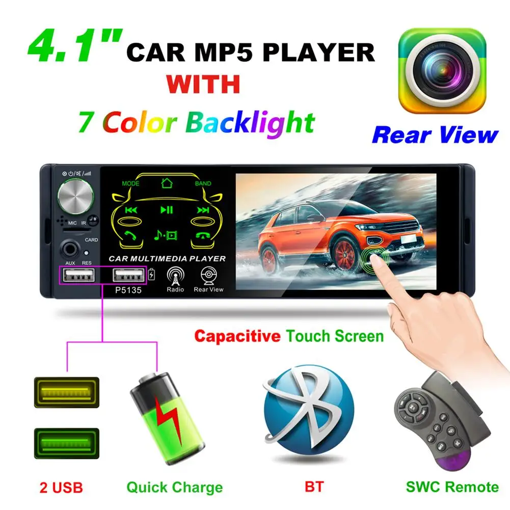 Автомобильный радиоприемник 4,1 дюйма, 1 DIN, с сенсорным HD-экраном, портом Sup, Bluetooth, двумя USB-портами, радиокамерой для автомобиля MP5 P5135 - изображение