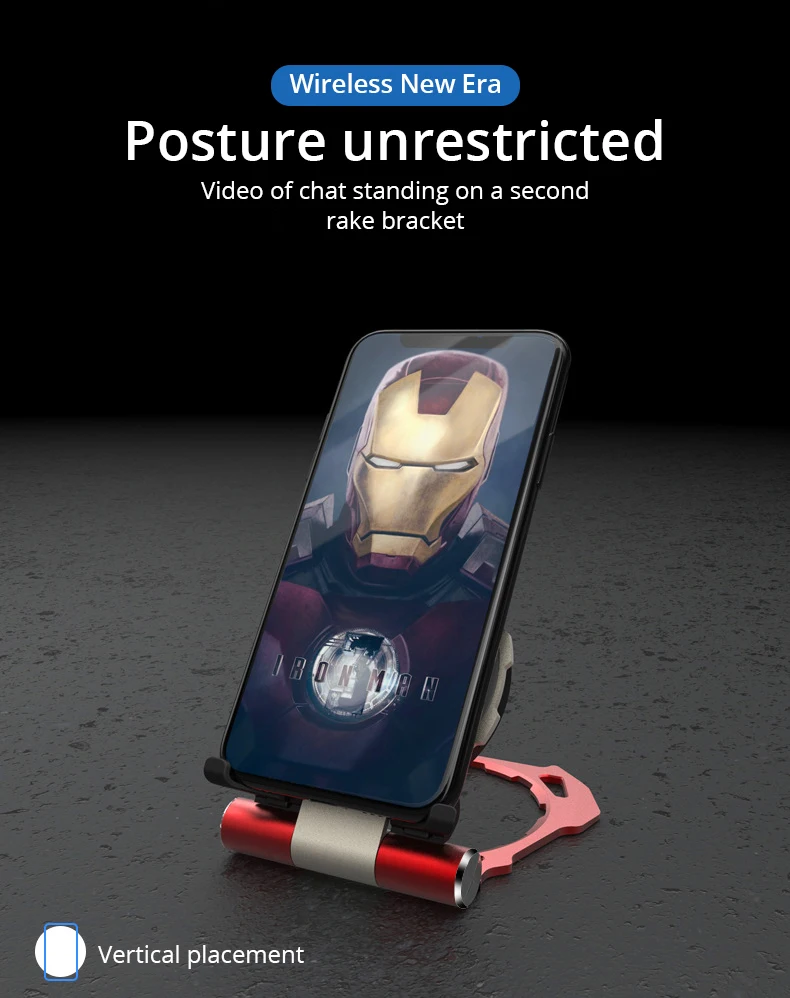 

Metal Iron Man Portable Wireless Charger Samsung Galaxy S9 S8 iPhone Xs / 8plus / X Folding Stand Stand For Huawei Xiaomi