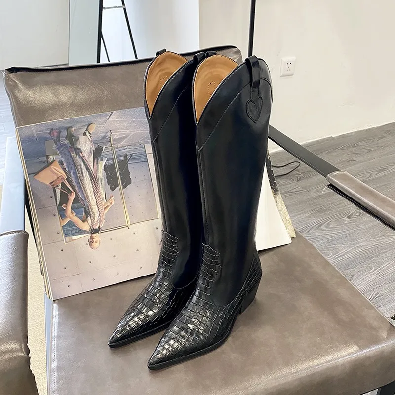 Botas vaqueras de piel auténtica para mujer, botines estilo Chelsea con  punta en pico, de diseñador Vintage, tacón de bloque, hasta la  rodilla|Botas hasta la rodilla| - AliExpress