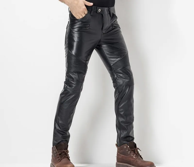 Best European Autumn Winter Slim Mens Full Length Cowhide Pants Windproof Thick Moto Biker Pleated Genuine Leather Male Pencil Pants 6