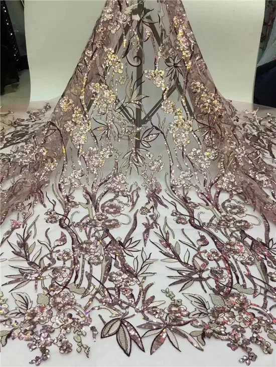 Soft lemon pink complicated embroidery African Guipure Lace mix shiny French tulle lace fabric allover small sequins 5 yards | Дом и сад