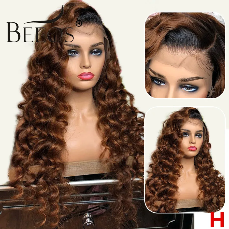 

Beeos Brown Colored 180% 13*6 Deep Part Lace Front Human Hair Wig Loose Wave Bleached Knots Brazilian Remy Hair