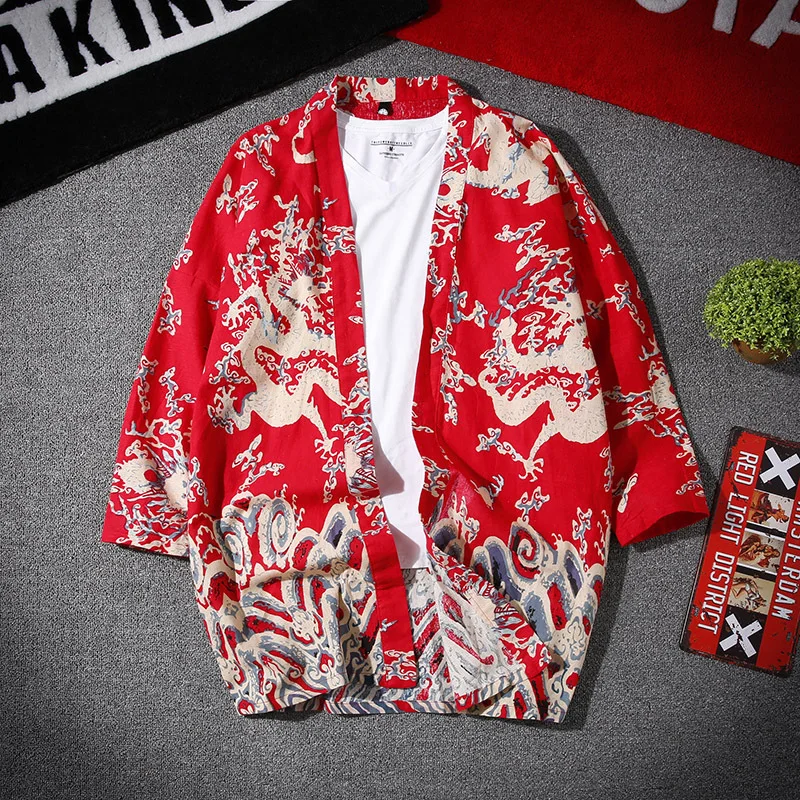 

New Style Chinese-style Flax Long-sleeved Cardigan MEN'S Coat Summer Thin Section Vintage Printed Cotton Linen Robe Unlined Long