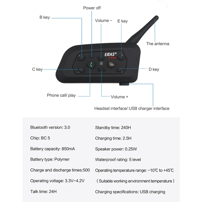 EJEAS рация для мотоцикла шлем Bluetooth гарнитура 1200 м дальняя игра рация для 6 гонщиков V6 Pro