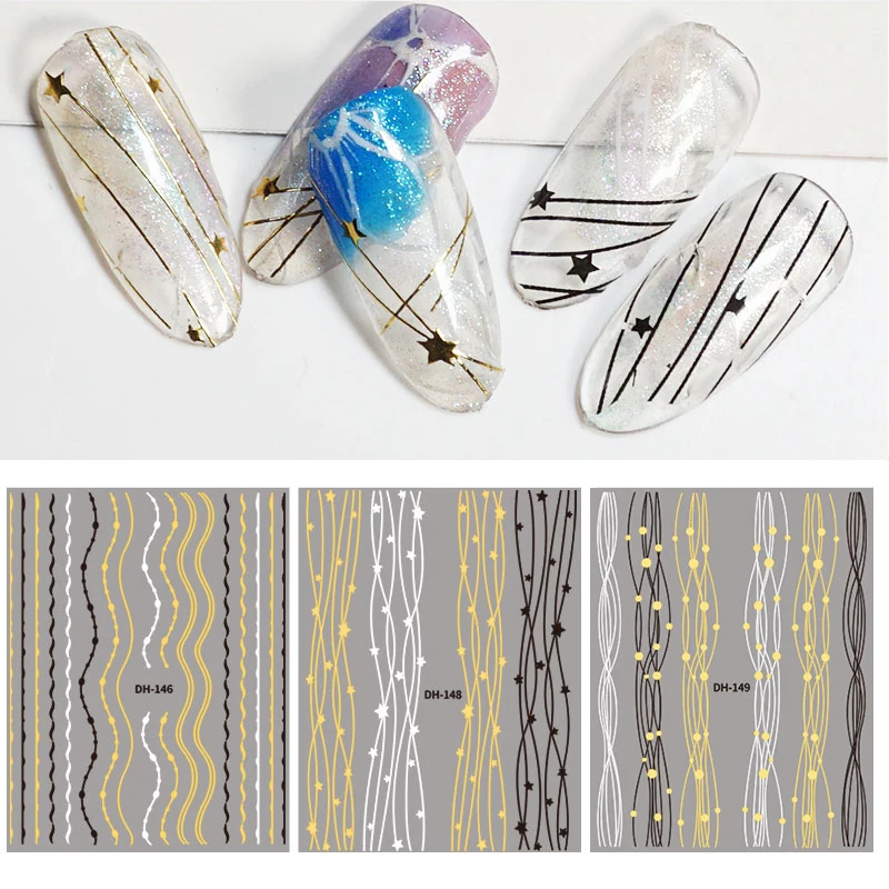 1 PC Gold Black White Lines Multi-size Strip Adhesive Nail Sticker Transfer Various 3D Decals Decoration Design | Красота и здоровье
