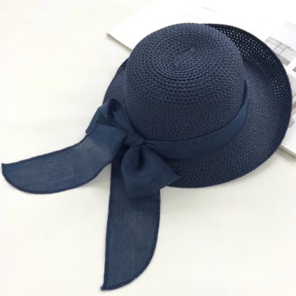 Navy Blue Женская пляжная соломенная шляпа Солнцезащитная с широкими полями и бантом, летняя одежда в Корейском стиле - Цвет: Navy Blue