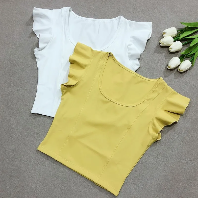 Sexy Cropped Yoga Top Short Sleeve Fitness T Shirt Women Breathable Running Training Sport T-shirt Lotus leaf Gym Fitness Tops
