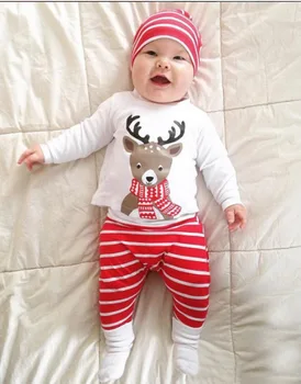 

3PCS Newborn Baby Christmas Suits Cotton Whaite T-shirt+ Stripe Pants+Hat Cartoon Deer Pattern Infant Set Christmas Gift