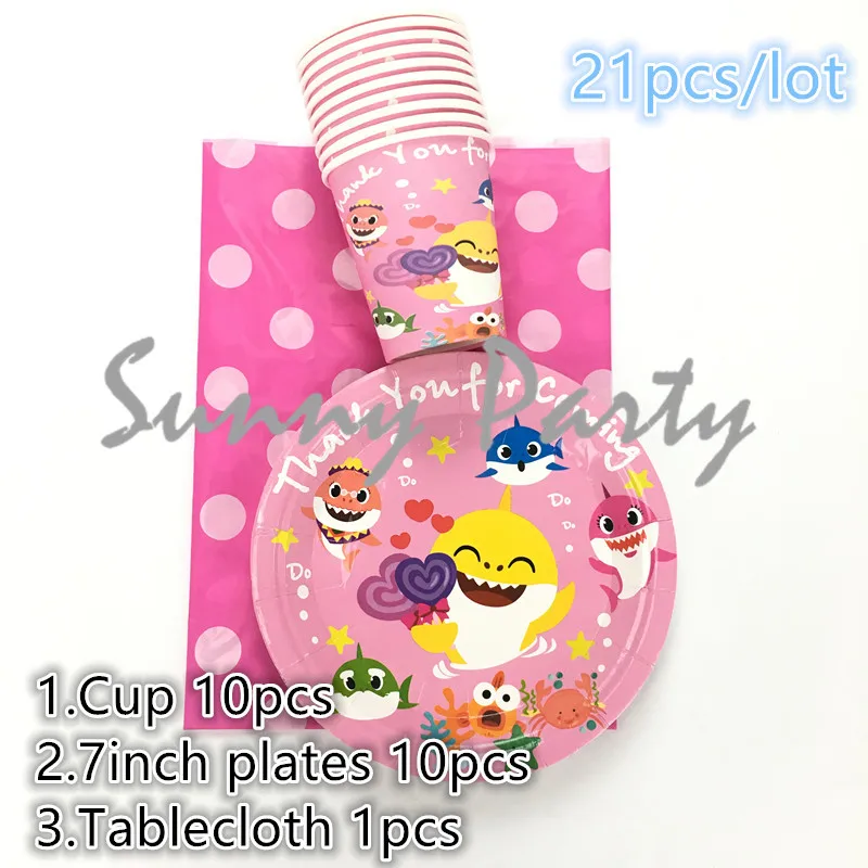 21pcs/lot Cartoon Pink Shark Theme Disposable Cup Plates Tablecloth Set Kids Birthday Party Baby Shower Tableware Supplies | Дом и сад