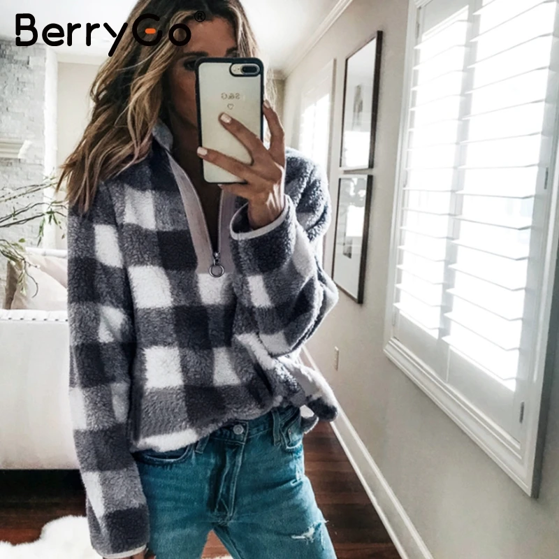 Серый BerryGo водолазка Женские клетчатые кофты с длинным рукавом на молнии женские осенние зимние толстовки Повседневная Уличная Женская толстовка - Цвет: Серый