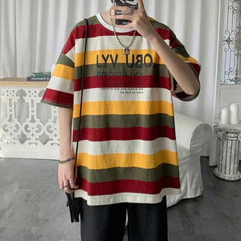 

Summer Short Sleeves Harajuku Korea Fashion Striped T-shirt Streetwear One Piece Hip Hop Rock Punk Men Top Tees Tshirt Clothes