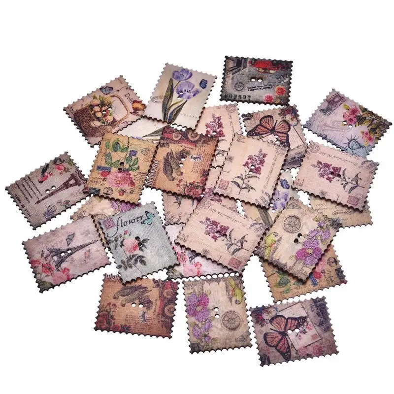 

50pcs Retro Painted 2 Hole Square Stamp Wood buttons for Sewing Scrapbook Clothing Crafts Handwork Accessories Card DIY 30x38mm