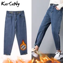 Зимние теплые джинсы для женщин, утолщенный бойфренд, с высокой талией, флисовые джинсы с флисом, теплые женские джинсовые штаны, бархатные джинсы для женщин, зимние