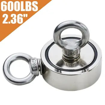 

50 pieces Fishing Magnet (Double-Sided) 600LBS Pulling Force Rare Earth Neodymium Magnet with Eyebolt Diameter 2.36 inch (60mm)