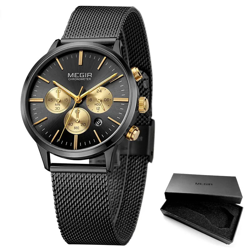 Люксовые часы от бренда MEGIR, Для женщин хронограф Сталь кварцевые часы модные Водонепроницаемый световой 24-часовой аналоговые наручные часы для женщин леди 2011L-1N3 - Цвет: MS2011L-Black-Gold