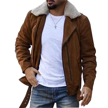 

Zipper Closure for Men Leather Jacket Autumn Winter Warm Fur Lining Lapel Leather outerwear layer