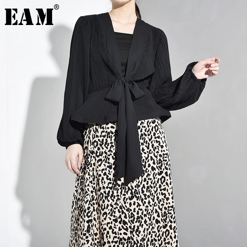 

[EAM] Women Pleated Bandage Bow Chiffon Blouse New V-collar Long Sleeve Loose Fit Shirt Fashion Tide Spring Autumn 2019 JF1390