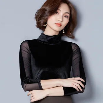 

New ladies high neck mesh stitching long-sleeved T-shirt