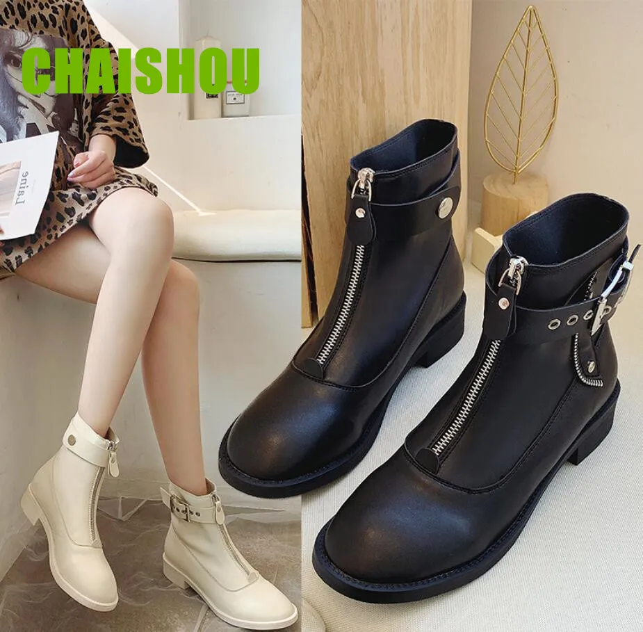 

D301 Boots Women New Autumn PU Zipper Flat Color Martin Boots moto Boots Platform Comfort Ankle Boots Slim Woman Botas Mujer