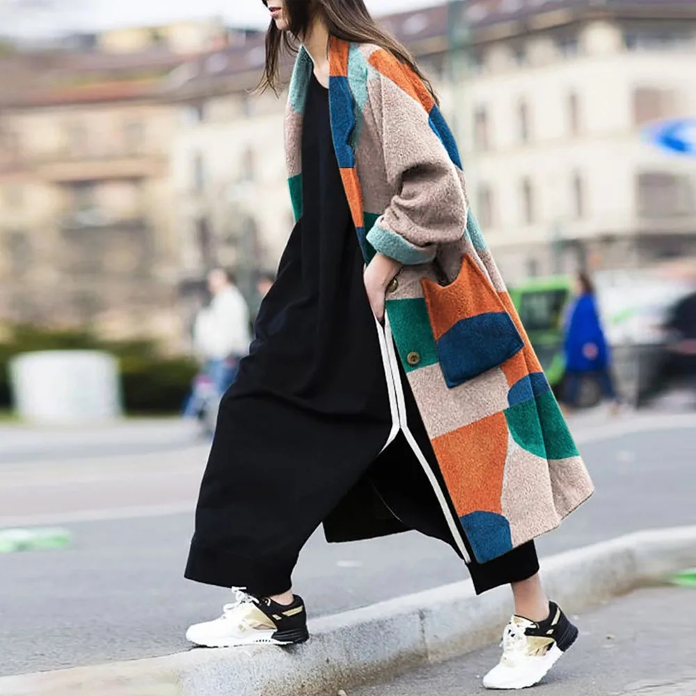 

Autumn Winter Wool Coat 2019 Fashion Color Block Women's Long Overcoats Oversize Loose Woolen Blends Female Streetwear Outwear